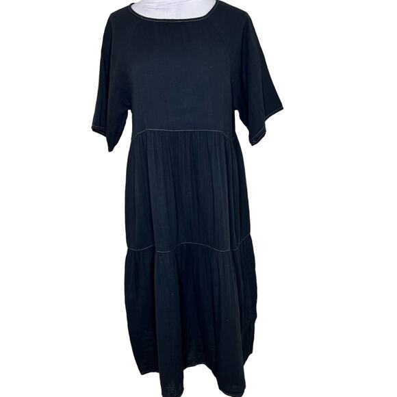 Calme by Johnny Was Raglan Tiered Dress SMALL Gauzy Midi Flowy Black Minimalist - Picture 1 of 9